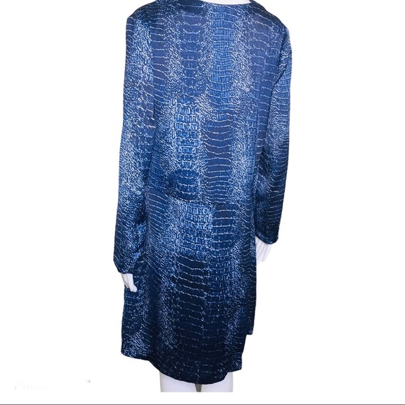 NWT HALSTON Tonal Snake Print V Neck Crossover Long Sleeve Dress Navy Blue Small - Picture 7 of 14